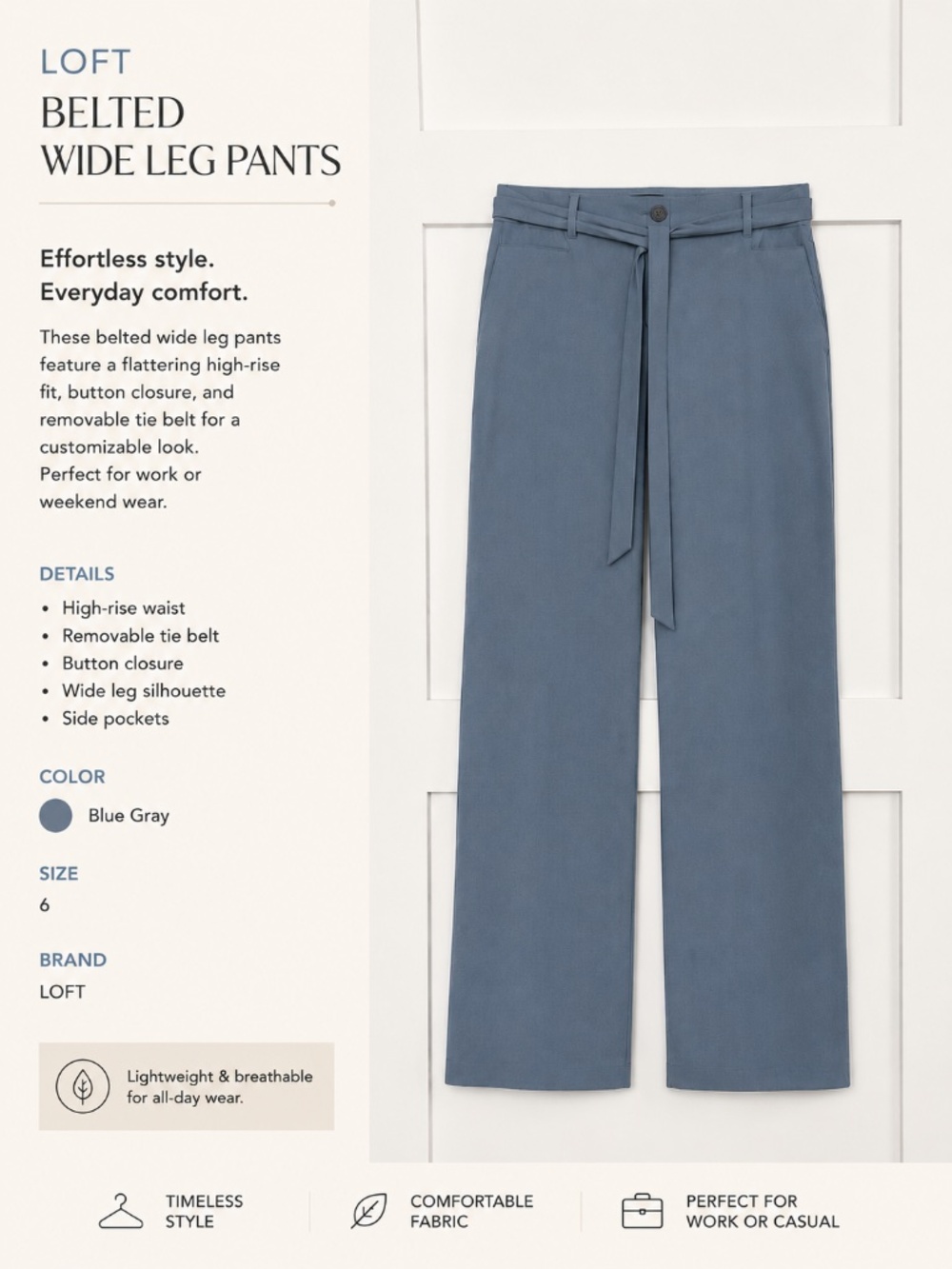 LOFT Belted Wide Leg Trouser Pants | Size 6 | Blue Gray - Picture 4 of 4